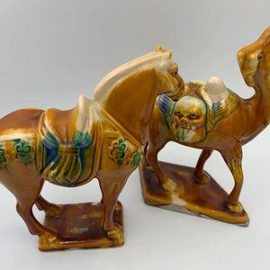 1980's Vintage Chinese Sancai Glaze Porcelain Tang Camel and Horse Figures